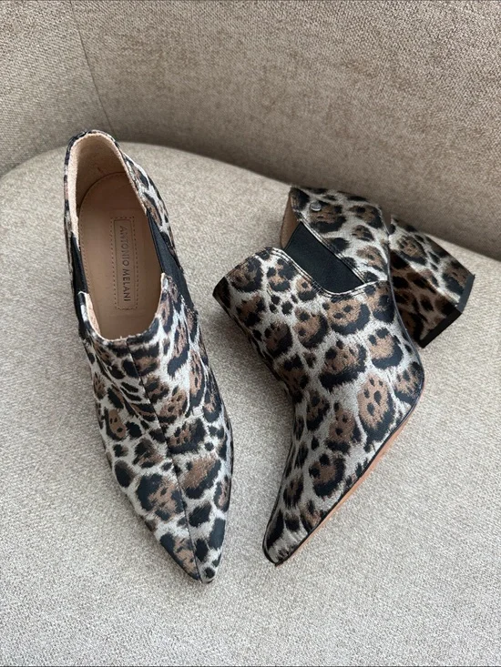 ANTONIO MELANI Leopard-Print Pointed Toe Ankle Booties in Brown and Black
