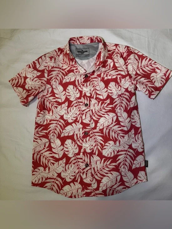 Eddie Bauer Red and White Tropical-Print Boy’s Short-Sleeve Button-Down
