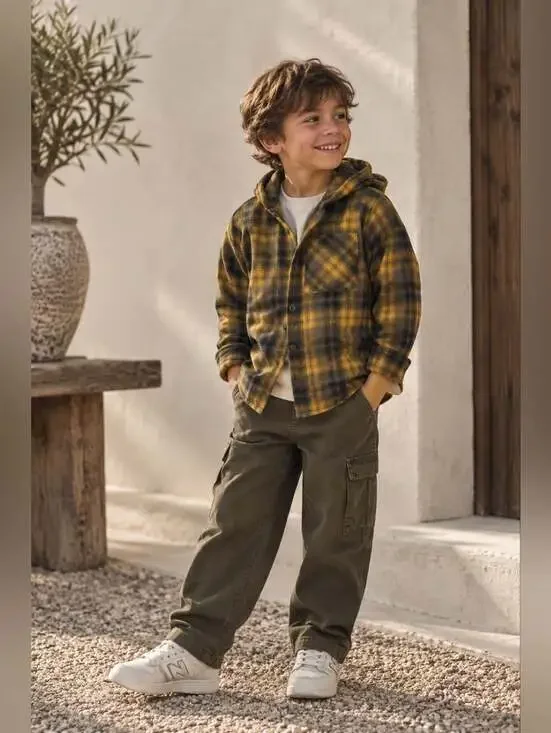 Kids Yellow & Black Plaid Hooded Shirt - Unbranded
