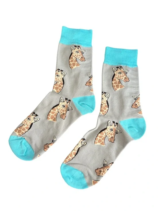 Giraffe Novelty Crew Socks Gray Turquoise