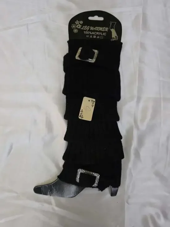 New Trendy Black Knitted Leg Warmers With Buckles Acrylic Boot Cuffs