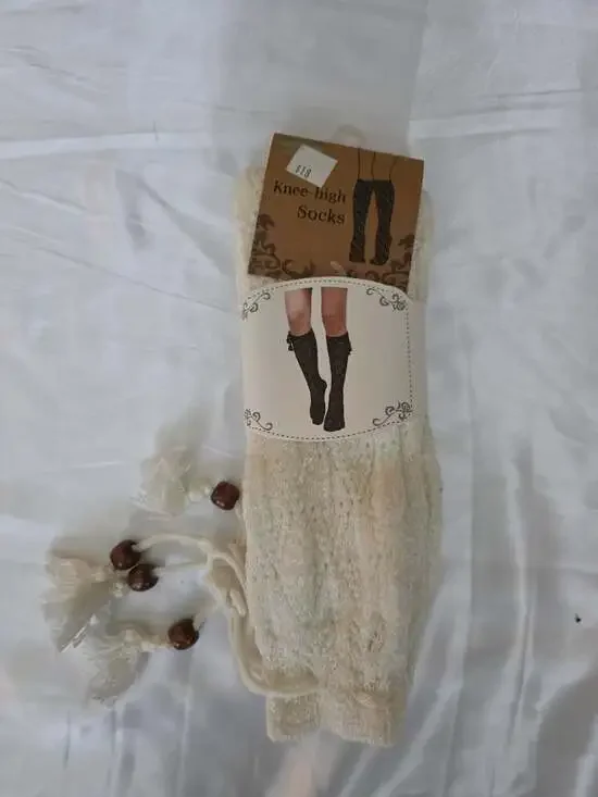 NWT Knee-High Socks Acrylic Spandex Ivory Knit With Tassels And Beads