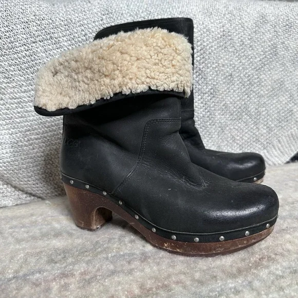 Black Leather Shearling Cuff Clog Boots - Women