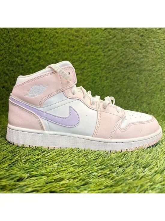Nike Air Jordan 1 Mid Girls Size‎ 7Y Pink White Athletic Leather Shoes Sneakers