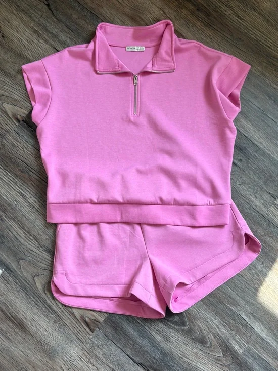 Zenana Outfitters Pink Zip Polo Top & Matching Shorts Set