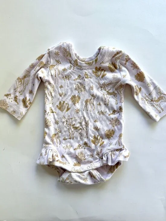 Kate Quinn Deer Fawn Print Ruffle Bodysuit Long Sleeve 6-12M