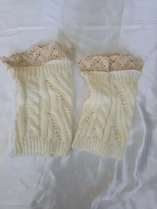 New Cable Knit Boot Cuffs Lace Trim White Winter Leg Warmers Sock Toppers