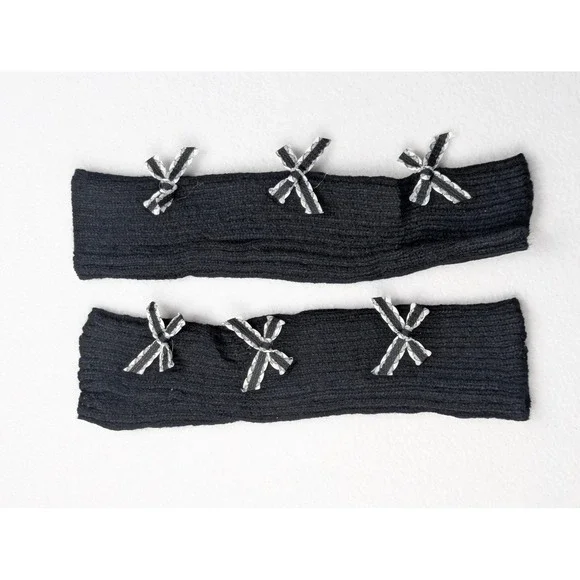 Black Ribbed Knit Leg Warmers with Gingham Bows Coquette Balletcore Halloween