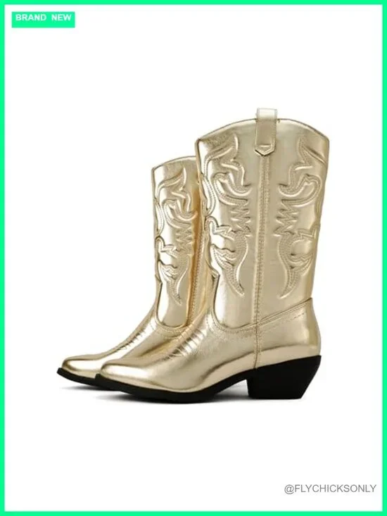 Western Cowboy Boots with Stitched Detailing Pointed Toe Low Block Heel