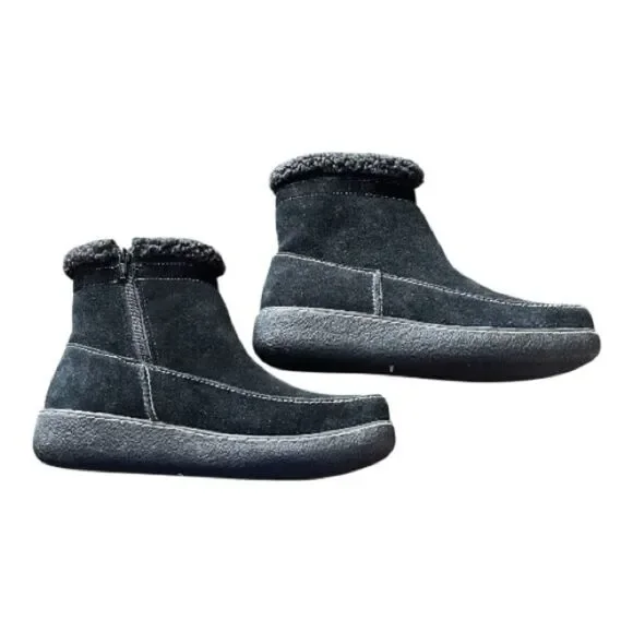 Lands' End Black Suede Fleece Lined Winter Ankle Boots with Zipper Size 10 B