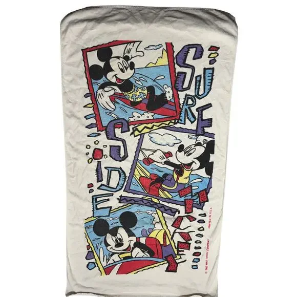 Vintage Mickey Mouse Beach Towel White Surf Side Made in USA Colorful Franco