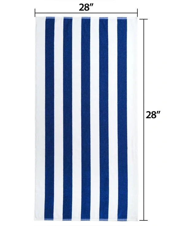 2-Mainstays Cabana Striped Cotton Beach Towel w/ Hanging Loop Blue/White 28x58