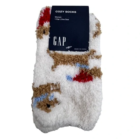 Gap Women Cozy Socks‎ One Size White Tan Blue Dog Print Fuzzy Warm Sleepwear