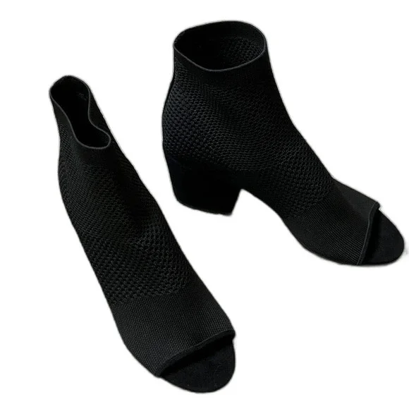 Eileen Fisher Croft Stretch Knit Black Peep Toe Ankle Boots Size 8 EUC