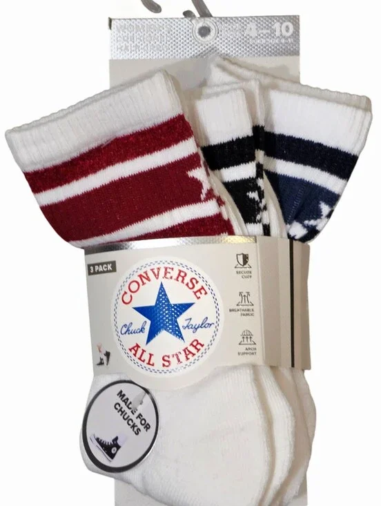 Converse 3-PK Cushioned Half Crew Chevron Star Striped Socks