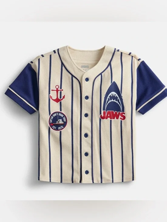 NWT Jaws Amity Island 75 Baseball Jersey Boys XS 4/5 Shark Movie Button Front