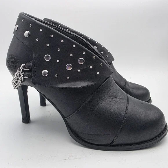 Harley-Davidson Lena Boots Women's 8.5 Black‎ Leather Studded Chain Moto Heels