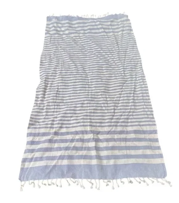 Marmaris Co Turkish Beach Towel Organic Cotton Fringed Blue Gray Striped Classic