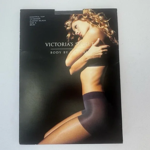 NEW VTG Victorias Secret Body By‎ Almost Black Control Top Pantyhose Tights Sz A