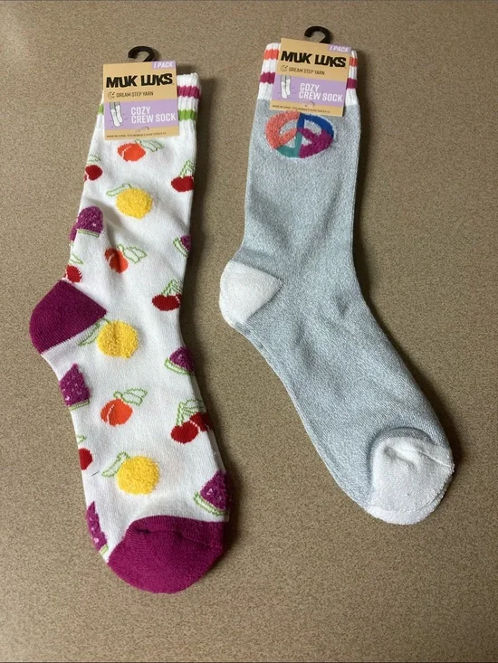 Muk Luks Fruit & Peace Cozy Crew Socks - White Multi & Light Blue