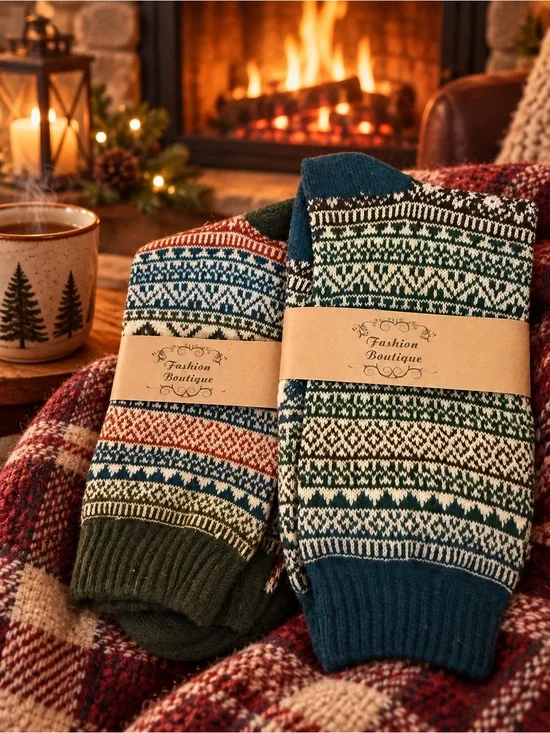 Women’s Fashion Boutique Fair Isle Crew Socks - Green & Blue