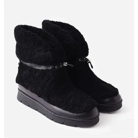 Marc Fisher Kamryn Black Genuine Shearling Platform Booties Size 6 Après Ski