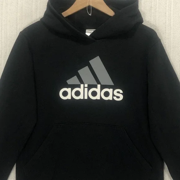 Adidas Boys Black Logo Pullover Hoodie Sweatshirt Regular Fit Size‎ L 14/16