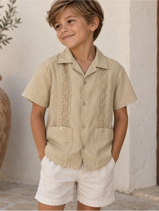 Kids Guayabera Shirt Size 8 Beige Embroidered Pintuck Mexico