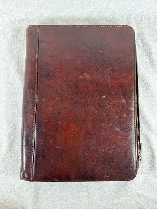 Vintage Time Resistance Classic Brown Leather Zip Folio Organizer