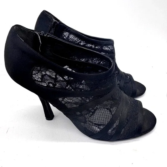 Nina Lace Peep Toe Booties Women 7.5 Black Elegant Side Zip