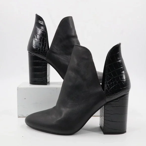 Steve Madden Rookie Booties‎ Womens 9.5 Black Croc Embossed V-Cut Block Heel