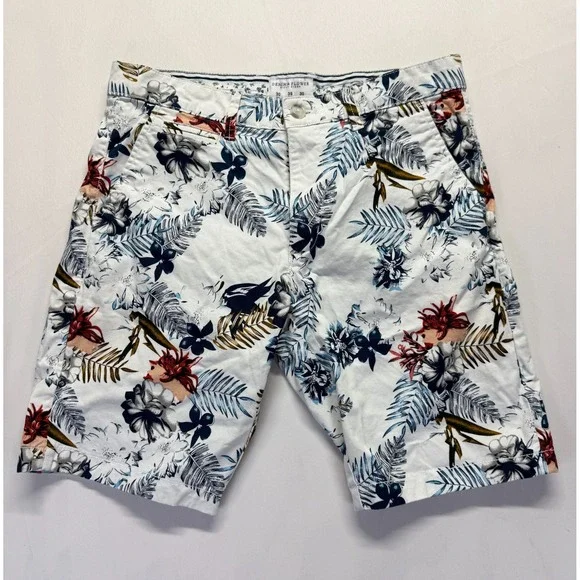 Denim & Flower Ricky Singh Chino Shorts Men 30 White Multi Tropical Floral Print