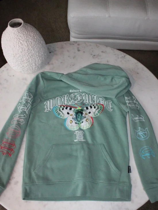 Green hoodie with butterfly graphic