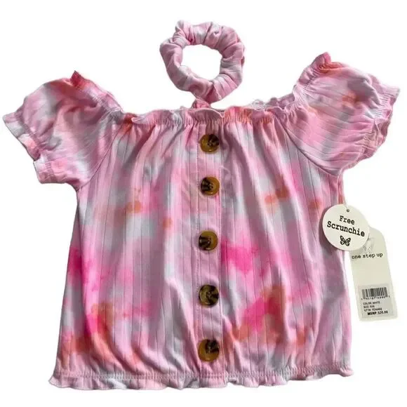 ONE STEP UP Girl’s Small (4) Pink Top with Matching Scrunchie