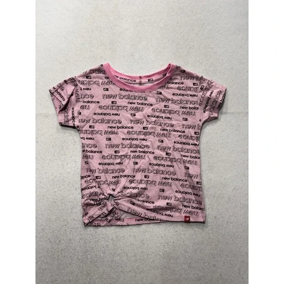 New Balance Shirt Girls S 7/8 Pink Allover Logo Knot Hem Graphic Tee Athletic