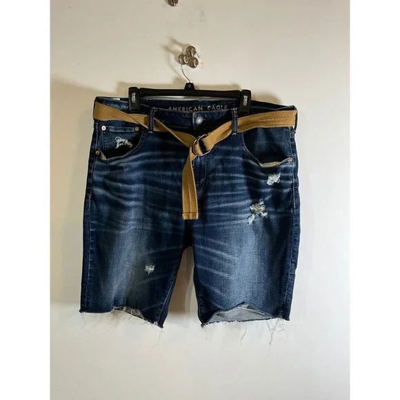 American Eagle Airflex+ Distressed Denim Shorts Mens 38 Dark Wash Cut Off Belted