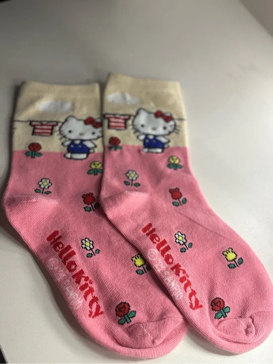 Hello Kitty Pink and Cream Crew Socks with Floral Print