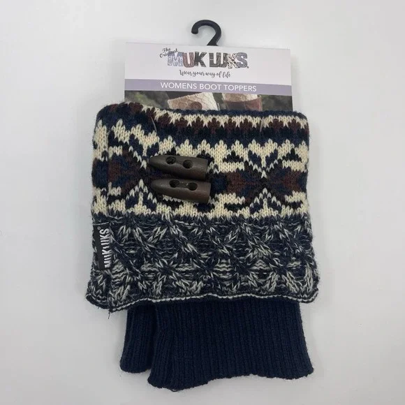 Muk Luks‎ Women Knit Cuff Boot Toppers Blue Brown Argyle Button Acrylic NEW