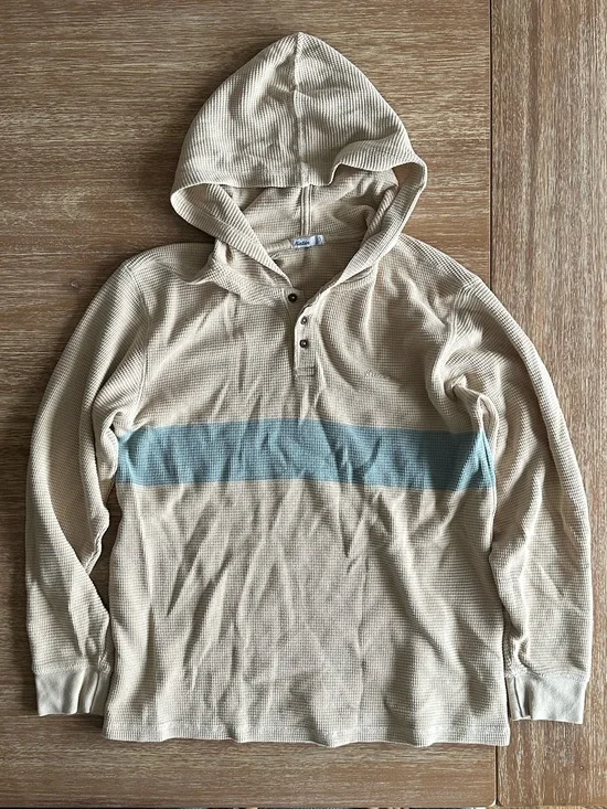 Karin’s Boys Hooded Thermal Shirt in Beige with Light Blue Stripe