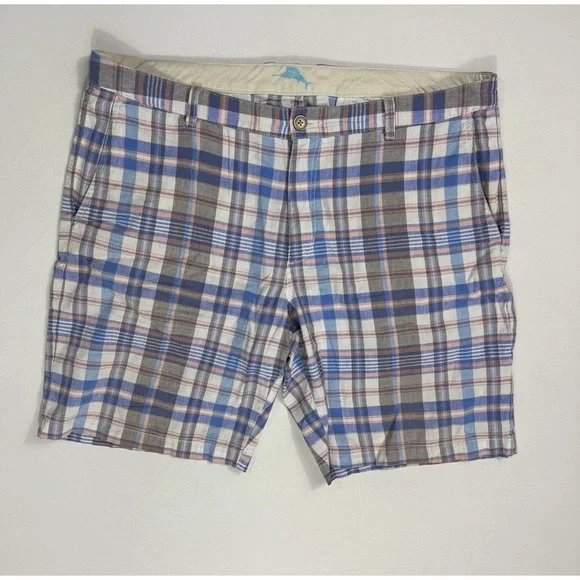 Tommy Bahama Mens 38 (40x10) Linen Stretch Plaid Shorts Pink Blue Modern Beach