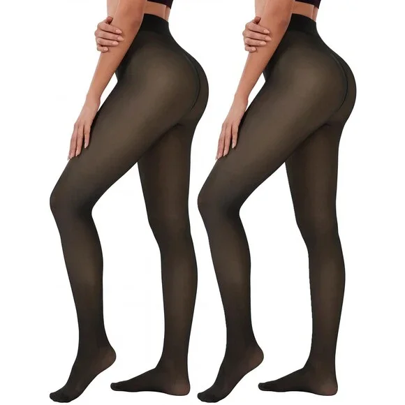 NexiEpoch Women's Black 2 Pairs Fleece Lined Tights Pantyhose Sheer Thick L-XL