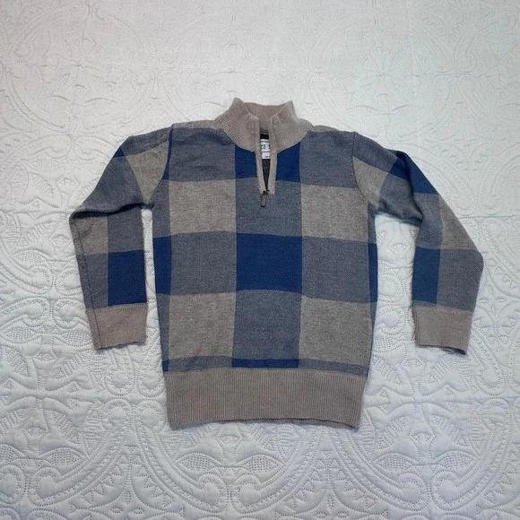 Faze‎ 1 Boys Blue Tan Buffalo Plaid Quarter Zip Sweater Size 7 Mock Neck Knit
