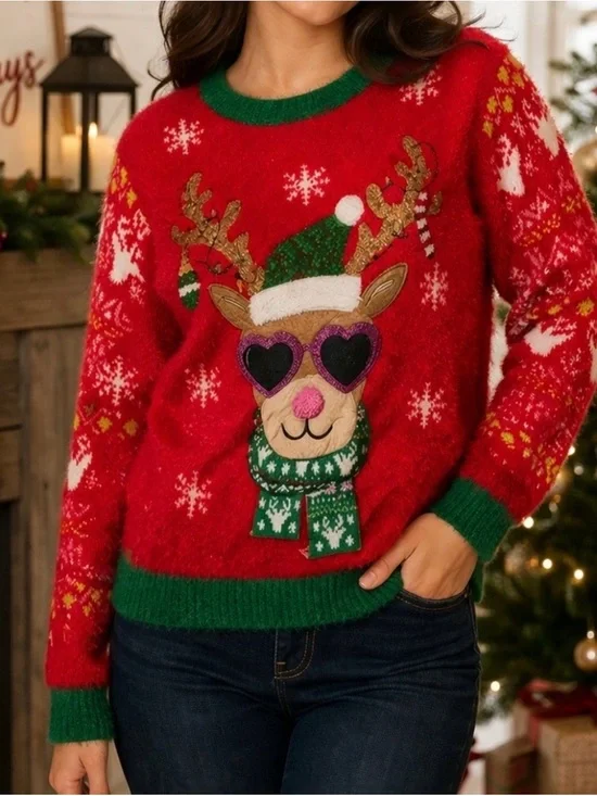 Holiday Time Red Holiday Sweater with Green Trim and Reindeer Motif