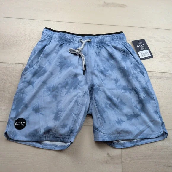NEW BYLT Premium Basics Active Short Mens Medium Blue Tie Dye Sky Cloud Print