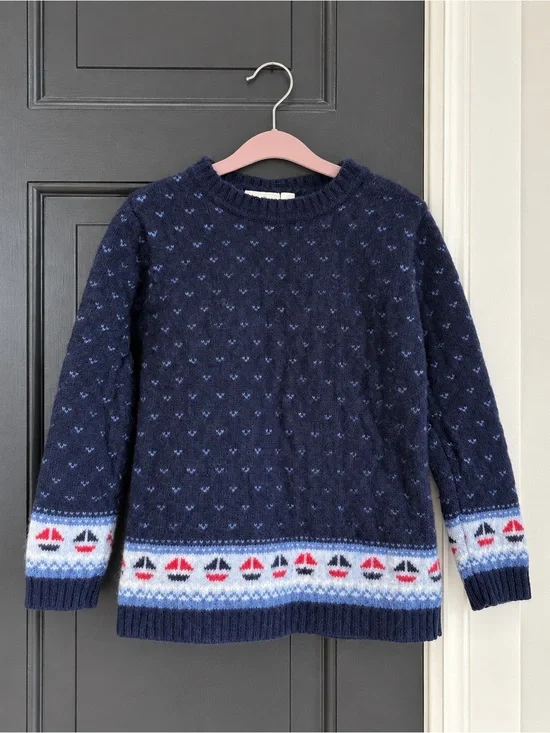 JoJo Maman Bébé Navy Lambswool Sailboat Fair Isle Sweater 3–4Y