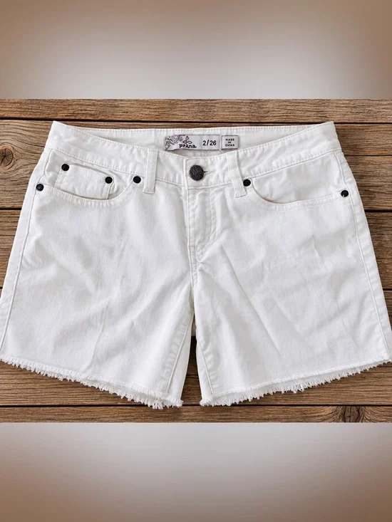 prAna White Denim Jean Shorts Women’s 2/26 Raw Frayed Hem 5 Pocket