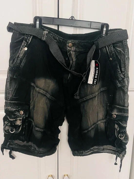 Bespoke Washed Black Cargo Shorts with Dotted Belt