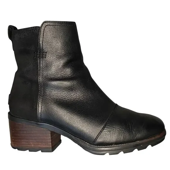 SOREL Cate Bootie Women Sz 7 Black Leather Block Heel Waterproof