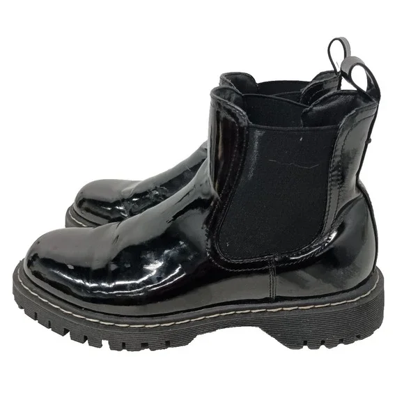 Unionbay Womens Chunky Chelsea Ankle Boots 6.5M Black Faux Leather‎ Slip On Goth