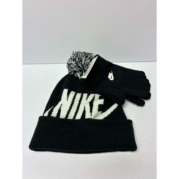 Nike Youth Hat & Gloves Set ~ Black & White ~ Beanie ~NWT‎